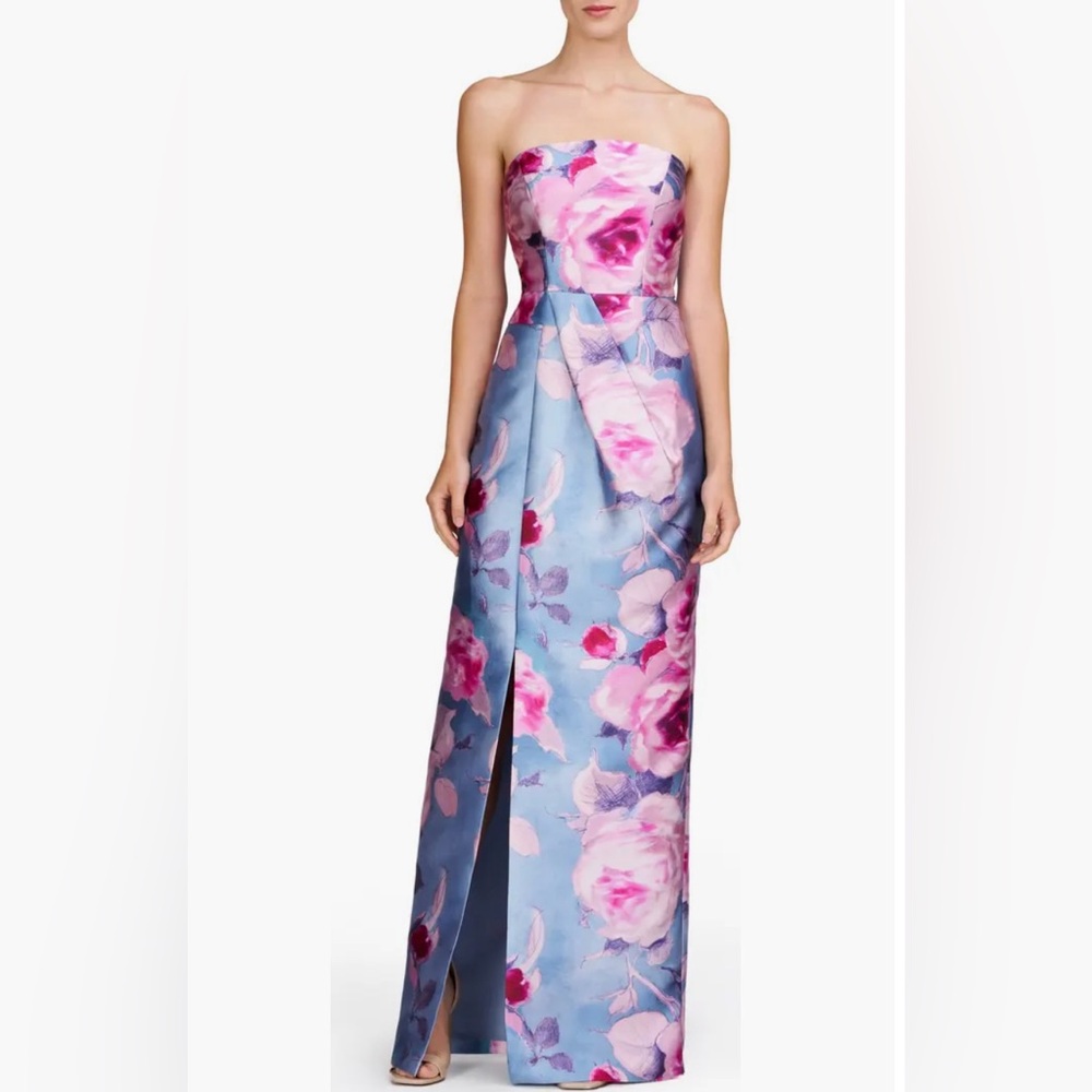 Kay Unger Blue and Pink Floral Strapless Dress
